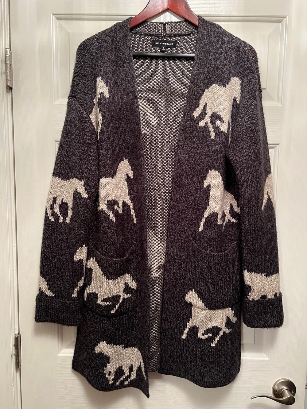 Lucky Brand Charcoal Gray Open Horse-Print Cardigan